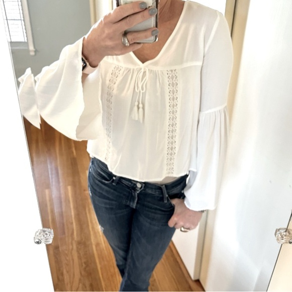 Garage White Boho Peasant Blouse | Lace Detail Bell Sleeves